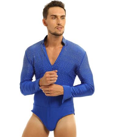 YiZYiF Men's Sequins V Neck Dance Shirt Unitard Blue - Medium | Dancewear - Buy Online on GoSupps.com