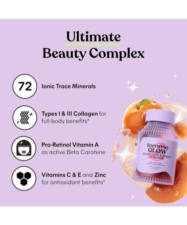 Lemme Glow Collagen Gummies for Thick Hair Strong Nails & Healthy Skin with Multi-Collagen Peptides Biotin Trace Minerals Zinc Vitamins A C & E Dairy & Gluten Free Peach Flavor 60 ct. - Buy Online on GoSupps.com