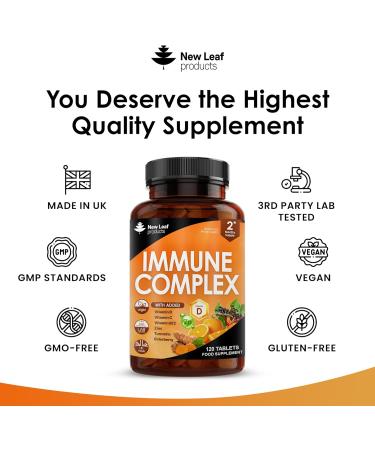 Vitamin D Tablets - Immune Booster Complex - Enriched with Immune System Vitamins C D B12 Zinc Turmeric & Elderberry - Immune Support Made in The UK Immunity Booster by New Leaf 120 Tablets - Buy Online on GoSupps.com