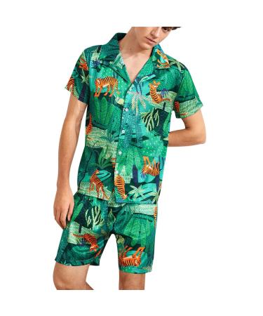 FORUU Men's Satin Pajama Set 2022 Summer Print Short Sleeve Hawaii Shirt and Shorts Set Imitation Silk Color Ding Home Suit Small #01green