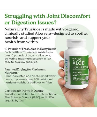 NatureCity True-Aloe 80 000mg Aloe Vera Gel Equivalent Per Serving Made with Organic Aloe Vera (360 Capsules) Digestive Skin and Joint Support|Small Easy-to-Swallow Pills - Buy Online on GoSupps.com