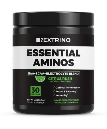 Nextrino Essential Aminos EAA Supplement, Transparent Ingredients, Complete EAA & BCAA Essential Amino Acid Powder Drink with Electrolytes (Citrus Rush) 30
