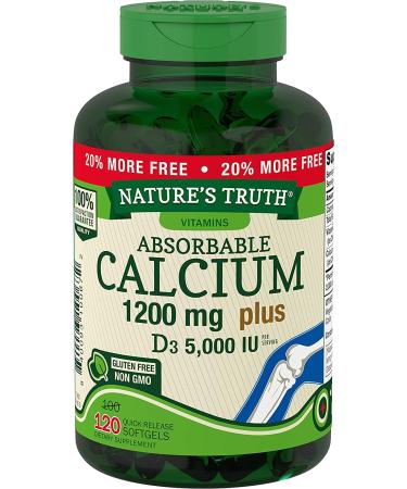 Absorbable Calcium 1200 mg with Vitamin D3 5000 IU | 120 Softgels | Calcium Carbonate Supplement | Non-GMO Gluten Free | Nature's Truth