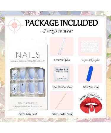 Matte Blue Square French False Nails - 24Pcs Frosted Press on Nails with Diamond Accent, Nail Glue Included - Acrylic Stick on Nails for Women and Girls - Buy Online on GoSupps.com