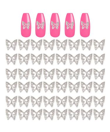 KACHIMOO Silver Butterfly Nail Charms,50 Pieces Nail Charms Nail Butterfly Charms for Acrylic Nails DIY Craft Nail Art Accessories (Silver)