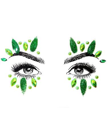 Face Jewels Stick on Face Costume Gems Self-Adhesive Makeup Halloween Dress Up Rhinestone Stickers for Festival Holiday Party Accessories (Glitter Green)