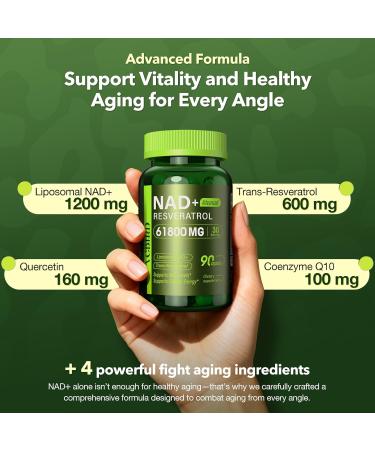 Nad+ Resveratrol Supplement 61800mg Per Bottle Liposomal Nad+ Resveratrol for Women & Men High Purity 1200mg Nad+ Supplement for Energy & Healthy Aging Resveratrol Quercetin CoQ10 90 Counts Nad with Quercetin 90 Co  - Buy Online on GoSupps.com