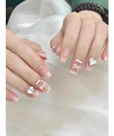 24pcs Bow Heart Pink Coffin Fake Nail Love Heart 3D Press on Nails Love Heart Nails Luxurious Nails Acrylic Nails Fake Nails For Women Girls - Buy Online on GoSupps.com