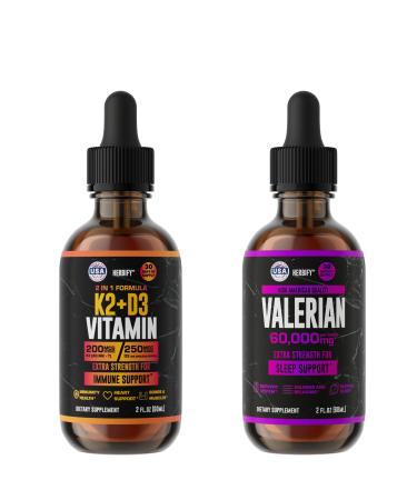 HERBIFY Bundle - K2 and D3 Drops & Valerian Root Tincture - Bone Strength & Nervous System Support