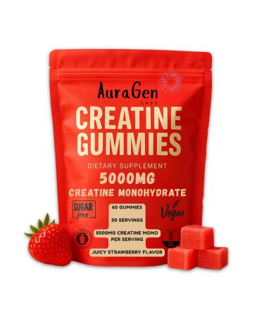AuraGen Labs Creatine Gummies 5g (5000mg) Sugar-Free Vegan Creatine Supplement for Men & Women 30-Day Supply for Muscle Strength Recovery & Cognitive Support Juicy Strawberry
