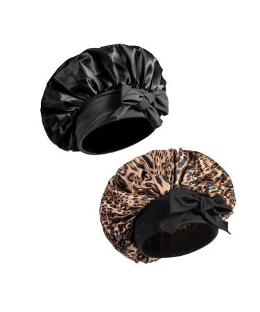 Women Satin Bonnet - Large Satin Bonnets for Braids for Sleeping Black Women Satin Silk Bonnet with Stretchy Tie Band - Bonnets for Black Women (Black & Leopard)