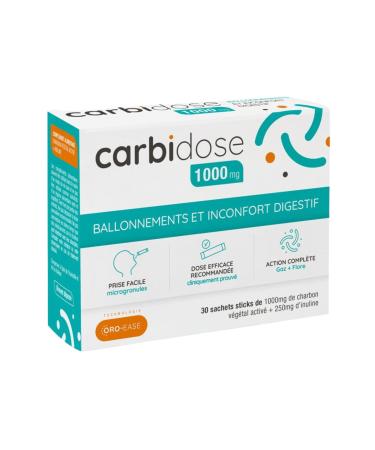 Carbidose 1000mg - Active Vegetable Charcoal + Inulin - Bloating & Digestive Discomfort - High Dosed Food Supplement Natural Ingredients - Box of 30 Microgranules Sticks