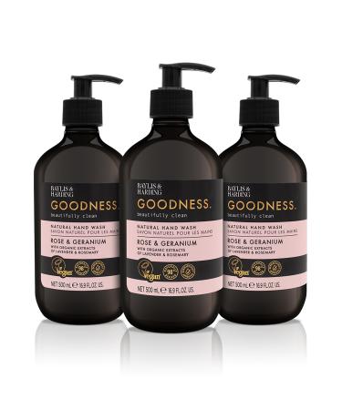 Baylis & Harding Goodness Rose & Geranium Natural Hand Wash 500 ml (Pack of 3) - Vegan Friendly 0.33 ml (Pack of 3) Rose & Geranium