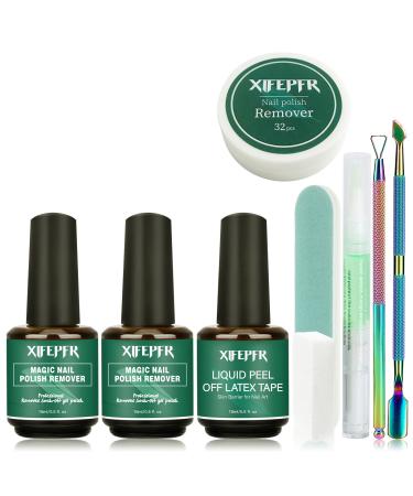 XIFEPFR Gel Nail Polish Remover Kit - 2 Pack Gel Polish Remover with Latex Tape Peel Off Liquid & Manicure Tools 2-5 Minutes Professional Quick Remove Gel Nail Polish No Soaking or Wrapping Gel Nail Polish Remover Kit with Cuticle Oil