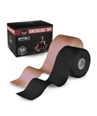 Effekt Kinesiology Tape Waterproof (5 m x 5 cm) 2 Roll - Elastic Physio Tape for Muscle Support and Injury Recovery Medical Tape Sports Tape Strapping Durable Kinesthetic Tape (Beige + Black)) Black + Beige 2 Rolls