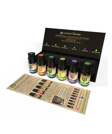 USDA Certified Organic Essential Oils Set- 100% Pure Aromatherapy Oils - Premium Quality Peppermint Sweet Orange Eucalyptus Tea Tree Lavender & Lemongrass Oils- Free E-Book Included