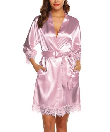 BESDEL Women's Satin Silk Bathrobe Oblique V-Neck Short Kimono Robe Bridesmaids Robe 3XL Leather Pink