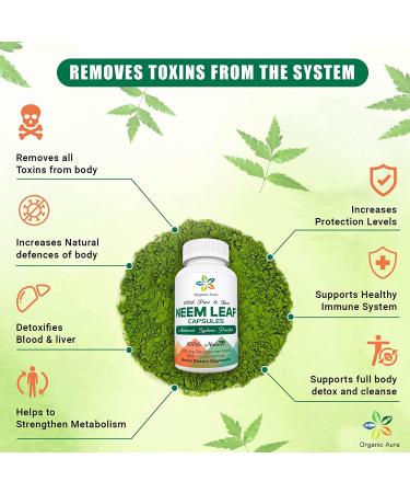 Organic Aura Premium Neem Capsules - USDA Certified, 100% Pure, Detoxifying Superfood - Non-GMO & Gluten Free - Buy Online on GoSupps.com