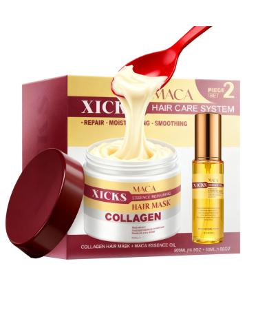 Maca Collag ne Kit de r paration en profondeur Masque capillaire + huile essentielle de maca l'huile d'argan nourrissant pour cheveux ab m s et tous les types de cheveux soin professionnel des