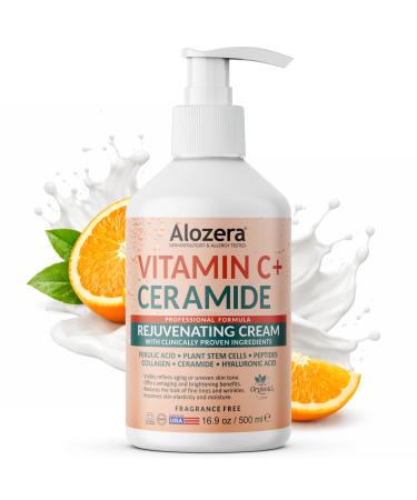 Alozera Vitamin C Body Lotion with Ceramides & Stem Cells Anti-Aging Moisturizing Body Cream for Noticeably Brightening & Visibly Even Skin Tone Lightweight Fragrance Free 16.9 oz