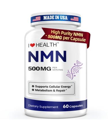 NMN 500MG Per Capsule High Purity 99.9% NMN NAD+ Support for Cellular Energy & Healthy Aging 60 Capsules Third-Party Tested cGMP Made in USA