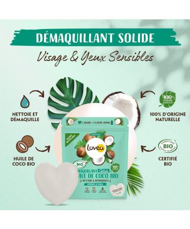 LOVEA - Solid Makeup Remover - Organic Coconut Oil - Cleanser & Removes Makeup from the Face - Suitable for Sensitive Eyes - 100% Natural Origin - Vegan - Certified Organic - Made in France - 50 g - Buy Online on GoSupps.com