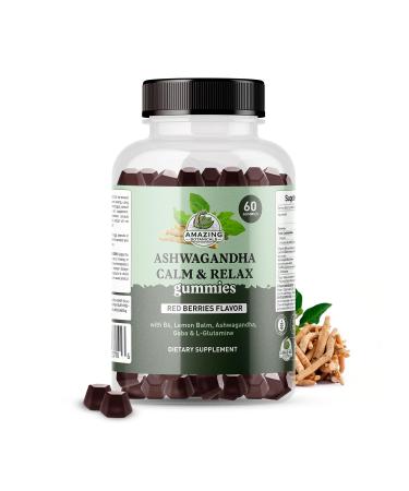 Ashwagandha Calm & Relax Gummies with Vitamin B6 Lemon Balm GABA & L-Glutamine 60 Gummies Red Berries Flavor Improve Sleep Stress Relief & Mood Vegan Gluten-Free Non-GMO