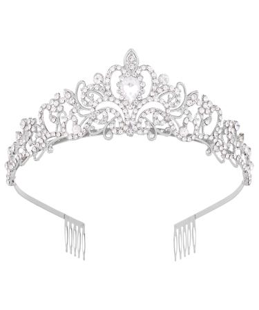 Vofler Crystal Tiara Crown Headband Headpiece Rhinestone Hair Jewelry Decor for Women Ladies Little Girls Bridal Bride Princess Birthday Wedding Pageant Prom Halloween Costume Party With Combs Silver