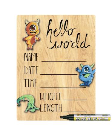 Cohas Hello World Newborn Baby Announcement Printed Wood Sign with Monster Theme, 9 by 12 Inches, Black Marker 9 by 12 Inch Black Marker