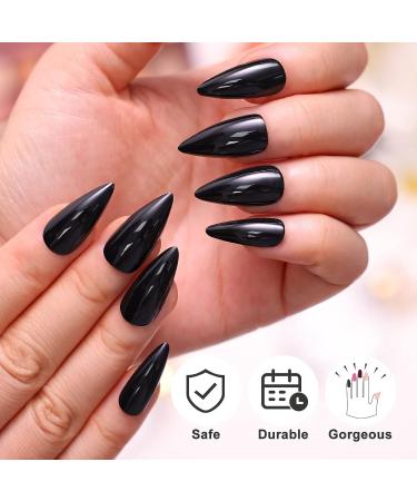 Morily 24Pcs Black Stiletto Press on Nails Medium Length - Almond False Nails Tips for Women & Girls - Buy Online on GoSupps.com