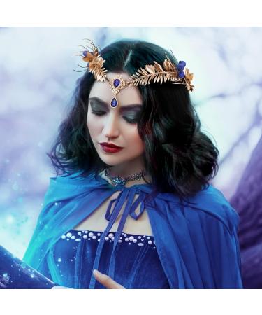 MOSTORY Fairy Gold Leaf Crown Goddess Headpiece Elf Woodland Headband Blue Crystal Pendant Circlet Tiara for Women Reneaissance Halloween Hair Accessories Princess Cosplay Costumes - Buy Online on GoSupps.com