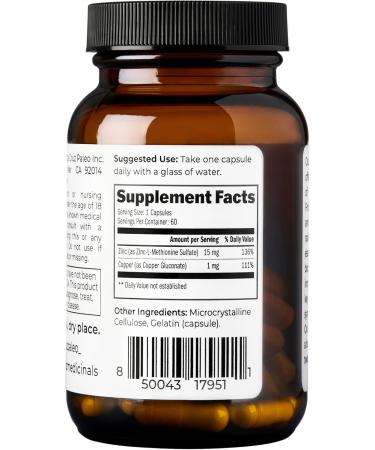 Santa Cruz Paleo Zinc & Copper Mineral Supplement High Absorption Formula Zinc Supplement for Skin & Hair L Methionine Copper Gluconate Trace Minerals Gluten Free Keto Paleo 60 Capsules - Buy Online on GoSupps.com