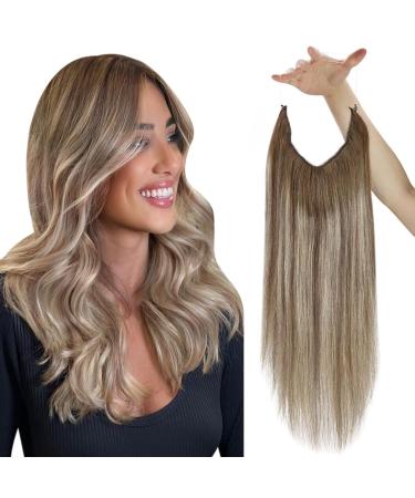 Easyouth Wire Hair Extensions Balayage Hair One Piece Fish Line Hair Extensions Ombre Brown to Platinum Blonde Wire Human Hair Extensions 20 Inch 100g 20 Inch 1-Wire #6/60/6