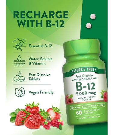 Nature's Truth Sublingual Methylcobalamin B-12 5000mcg Tabs Berry 60 ea (Pack of 3) - Buy Online on GoSupps.com
