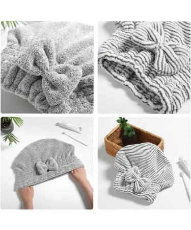 Microfiber Hair Towel Cap Set with Hair Shampoo Brush - Soft & Absorbent for Curly Thick Hair - Women Girls - Stripe & Gray - Buy Online on GoSupps.com