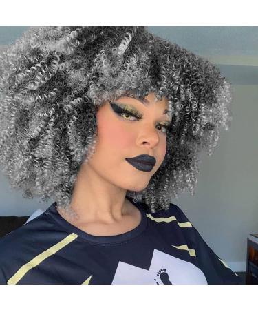Porsmeer curly afro wig women full fluffy hair kinky curly bob ombre silver wig volume with pony for black women natural art hair wig 14 inch ombre gray black mix gray - Buy Online on GoSupps.com