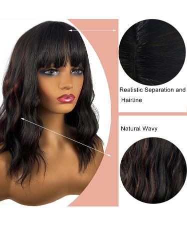 MIMISERVICE Wavy Bob Wig with Bangs - Black/Brown Highlights, 14 Inch Natural Looking Shoulder Length Curly Synthetic Hair Wig for Women - Buy Online on GoSupps.com