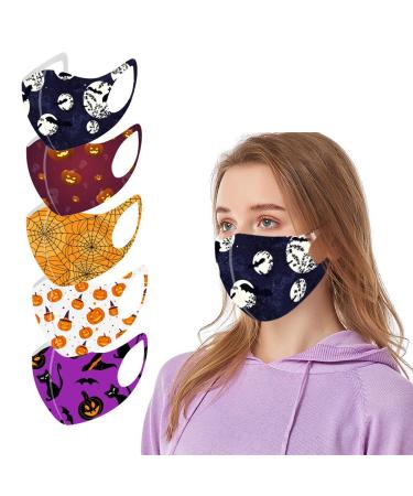 Yliquor 5pc Adult Halloween Mouth Mask for Protection Face and Nose Health Washable Earloop Mask Reusable Washable for Men Women Adults (5 PC M)