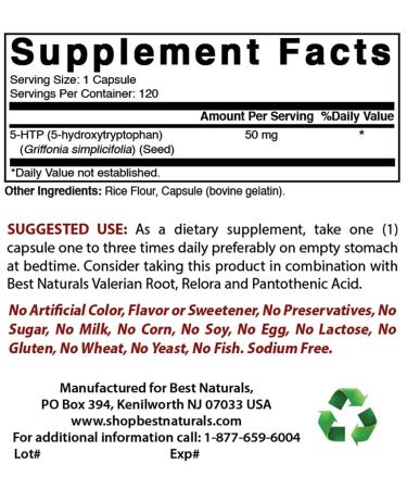 Best Naturals 5-HTP 50mg Capsules - Supports Relaxation & Restful Sleep - 120 Count Pack - Premium Quality Supplement - Buy Online on GoSupps.com