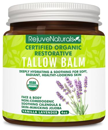 RejuveNaturals USDA Certified Organic Beef Tallow Balm Large 4oz Glass Jar Grass Fed & Finished Tallow with Beeswax & Jojoba Oil Solid Non-Comedogenic Natural Moisturizer for Face & Body