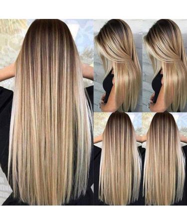 JOUKAYEA Long Ombre Brown Blonde Wig for White Black Women  Synthetic Straight Highlight Dirty Blond Wig with Dark Roots  Golden Hispanic Ladies Realistic Natural Looking Hair Replacement Wigs