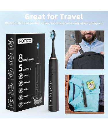 POTICO Sonic Electric Toothbrush for Adults - 8 Brush Heads, Smart Timer, 5 Modes, IPX7 Waterproof, Rechargeable - Black - Buy Online on GoSupps.com