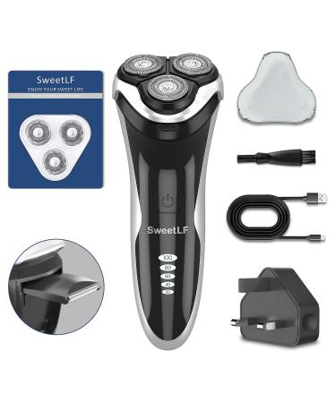 SweetLF Dry and Wet Electric Shaver (3 Blades Replacement+1 Quick Charger) Rechargeble Electric Razor for Men Cordless Razor IPX7 Waterproof with 3D Rotary Head LCD Display Pop-Up Trimmer SWS7105 Black