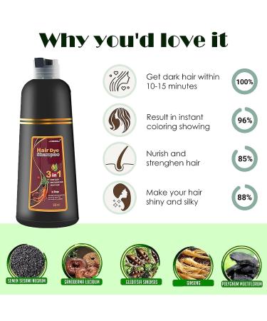 Autumege Black Instant Hair Color Shampoo - 3-in-1 Easy Hair Dye for Men & Women - 100% Grey Coverage - Herbal Formula - Fast Coloring Results (Black) - Buy Online on GoSupps.com