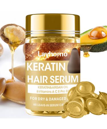 Keratin Hair Treatment Serum 60 Capsules Hair Treatment Oil for Dry Damaged Hair Hair Oil with Keratin Argan Oil-Leave-in Anti Frizz Conditioner with Vitamins A C E & B5- No Rinse for All Hair Types