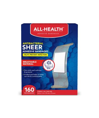 All Health Antibacterial Sheer Adhesive Bandages, 3/4 in x 3 in, 160 ct | Helps Prevent Infection, Extra Large Comfortable Protection for First Aid and Wound Care 160 Count (Pack of 1)