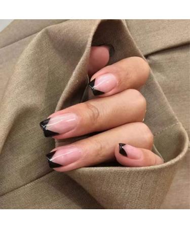 BABALAL French Press on Nails Short False Nails Square Fake Nails Glossy Nails Black Acrylic Nails Squoval Nails for Women and Girls 006-CRJH