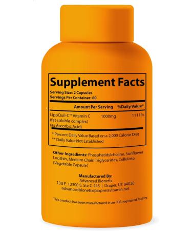 Advanced Bionetix Liposomal Vitamin C Supplement | LipoQuil-C Enhanced Absorption Technology | 120 Capsules 1000mg High Dose Fat Soluble Vita C | Immune Support Collagen Support - Buy Online on GoSupps.com