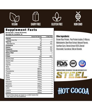 Buy Steel Supplements Veg-PRO Vegan Protein Powder - Hot Cocoa | 25 Servings | Organic Gluten Free Non-Dairy Low Carb BCAA Amino Acid - Buy Online on GoSupps.com