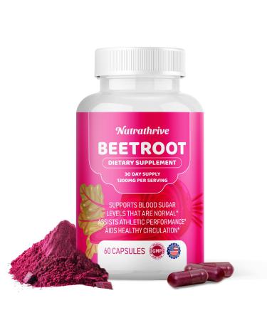 Nutrathrive Beetroot Capsules 1300mg Organic Beet Root Powder Supplement for Heart & Stamina Vegan Gluten-Free Non-GMO USA Made High Nitrate Source 60 Plant-Based Veggie Caps